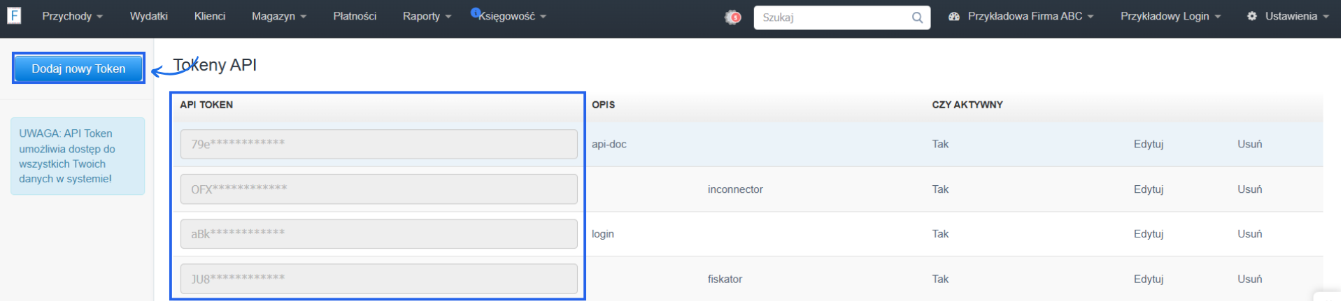 Lista zaszyfrowanych tokenów API w systemie Fakturownia z opcją utworzenia nowego przez przycisk 'Dodaj nowy token'.