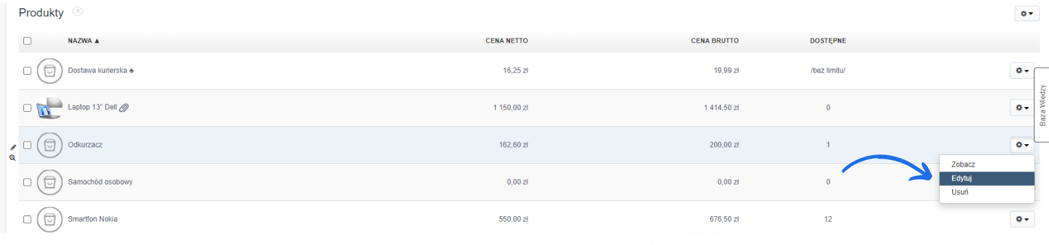 Lista produktów z zaznaczoną opcją edycji odkurzacza – cena netto 162,60 zł, brutto 200,00 zł, dostępność 1 sztuka.