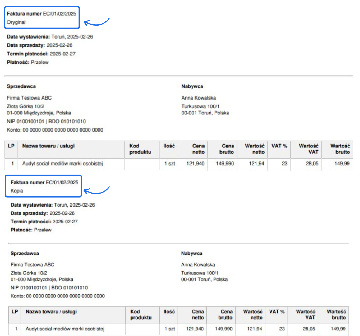 Przykładowa faktura z systemu Fakturownia, zawierająca zarówno oryginał, jak i kopię. Widoczne dane sprzedawcy, nabywcy oraz szczegóły transakcji.