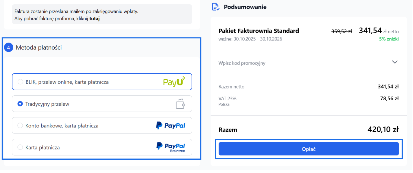 Formularz płatności w systemie Fakturownia z podsumowaniem zamówienia oraz możliwością wyboru formy płatności spośród PayU, tradycyjnego przelewu lub karty płatniczej.