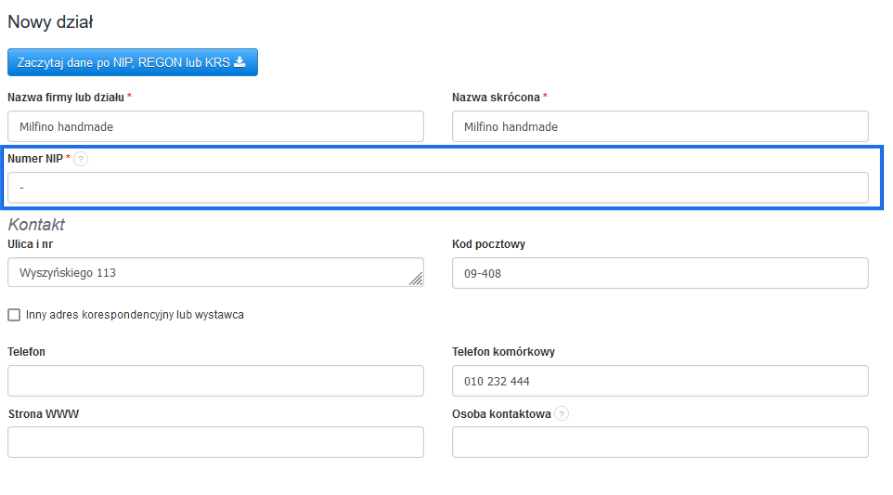 Formularz danych firmy niezbędny do uzupełnienia przy tworzeniu działu/firmy w programie do fakturowania. 