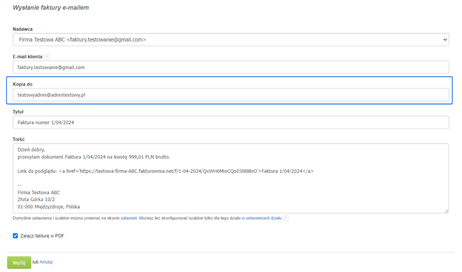 Formularz wysyłania faktury e-mailem w języku polskim z wypełnionymi danymi adresowymi.
