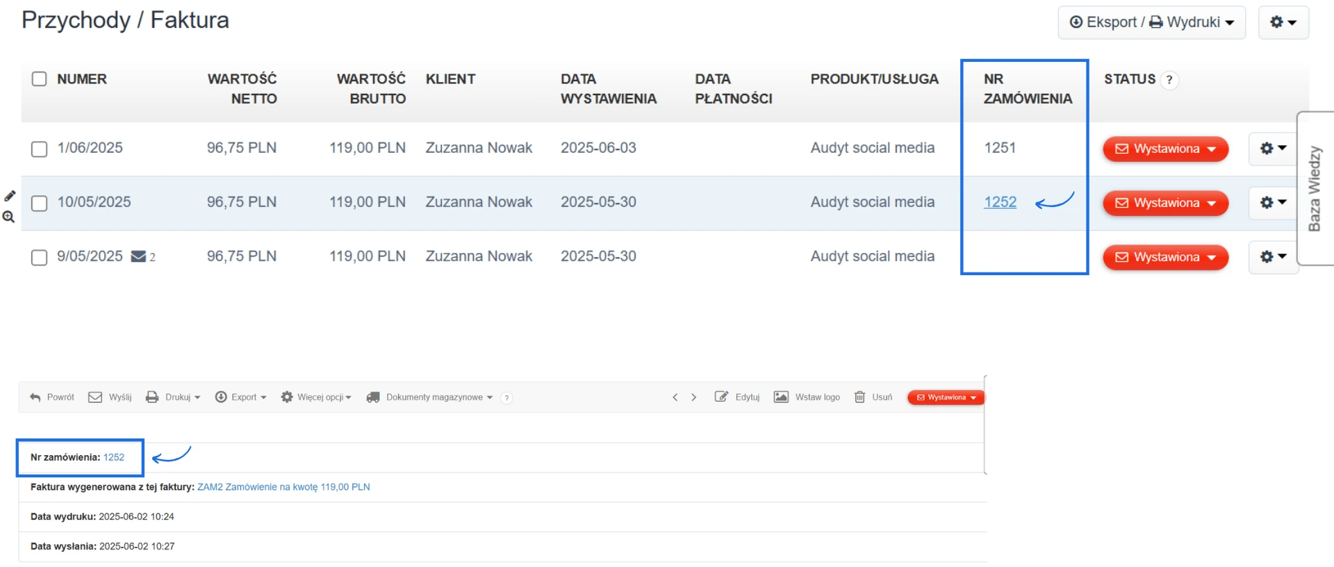 Widok listy faktur w Fakturowni z kolumną „Nr zamówienia” zawierającą klikalne numery zamówień powiązane z fakturami.