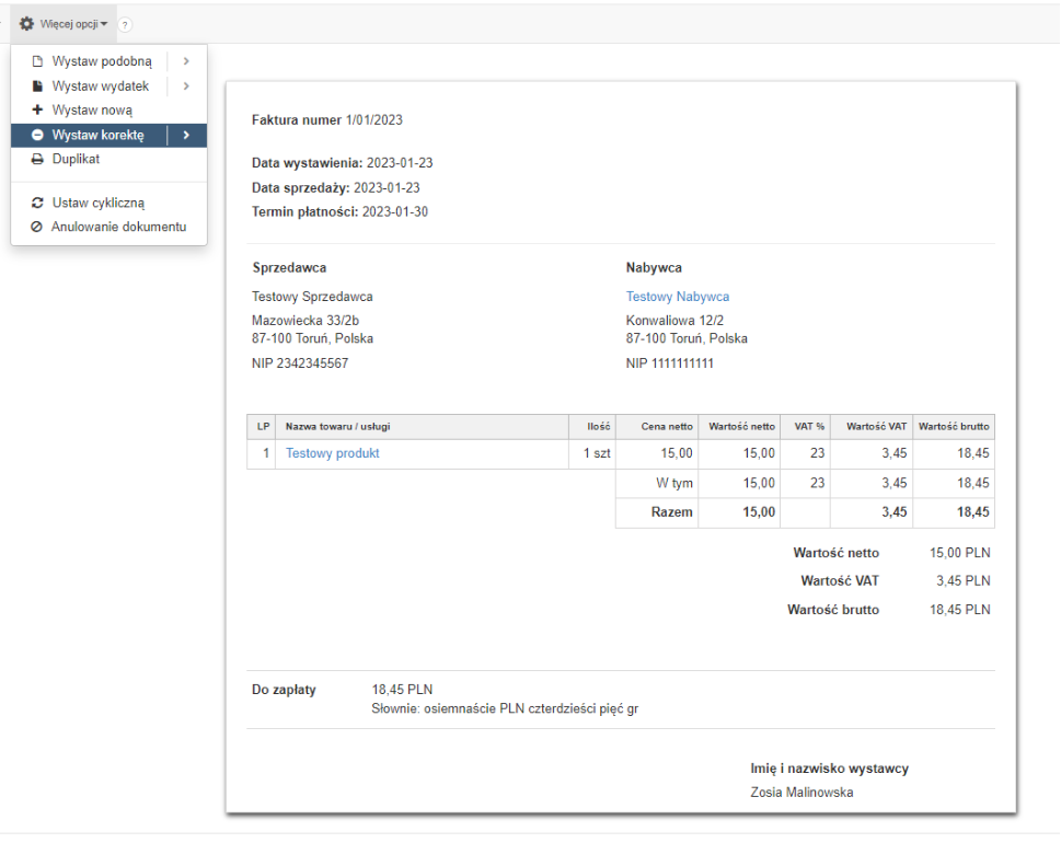 Widok faktury w systemie Fakturownia.pl z opcją wystawienia korekty, zawierający szczegóły transakcji i dane nabywcy oraz sprzedawcy.