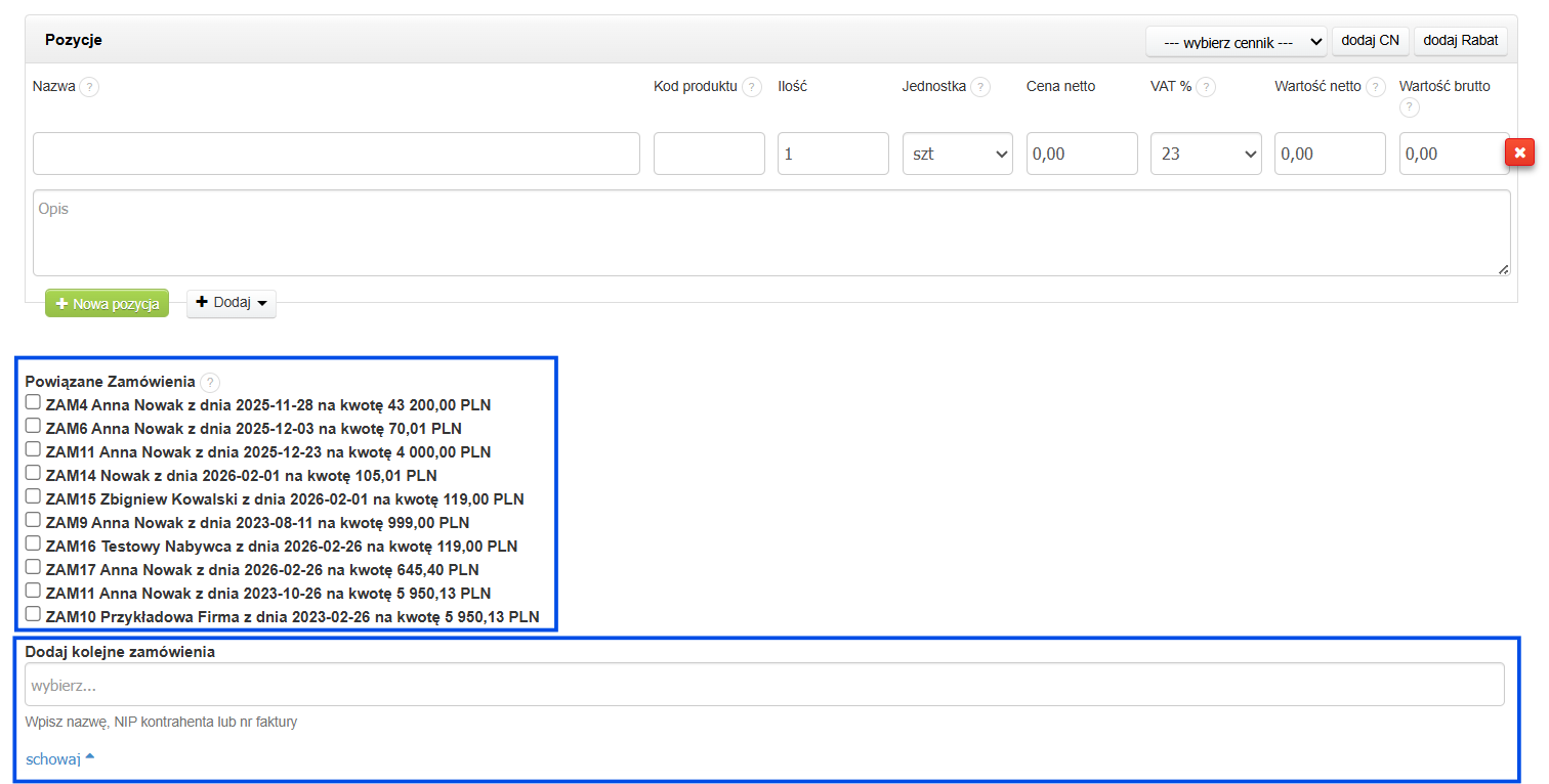Lista zamówień do wyboru w formularzu tworzenia faktury zaliczkowej do powiązania z zaliczką.