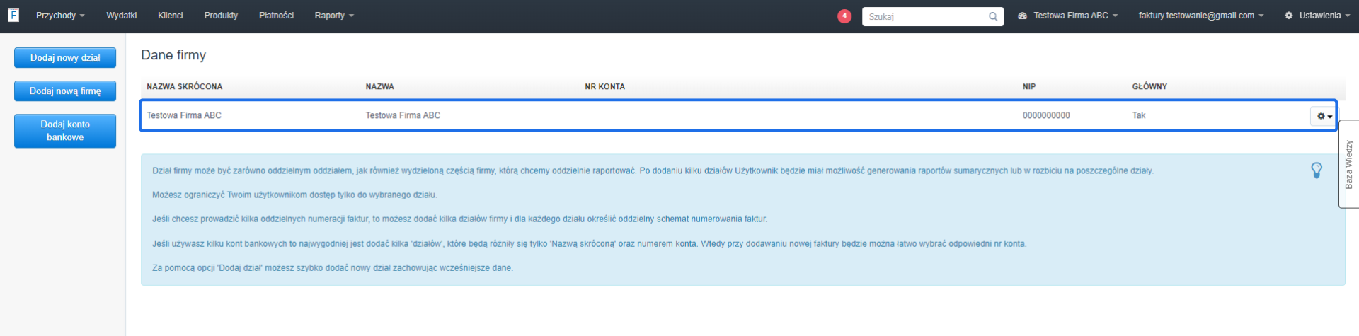 Ekran danych firmy w Fakturowni pokazujący listę dodanych działów firmy, z przyciskami do dodania nowego działu, nowej firmy oraz konta bankowego.