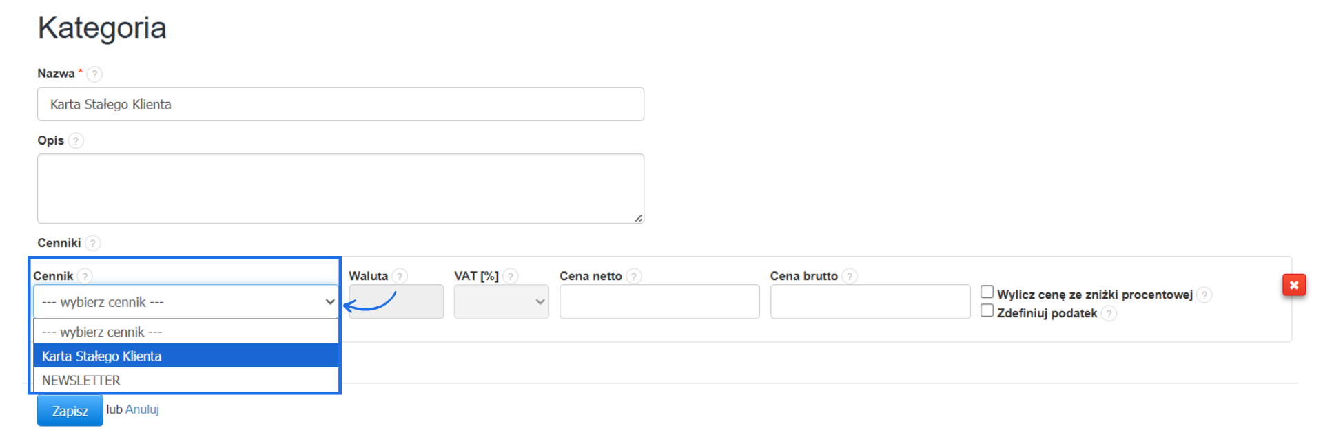 Formularz tworzenia kategorii z opcją przypisania do kategorii cennika.