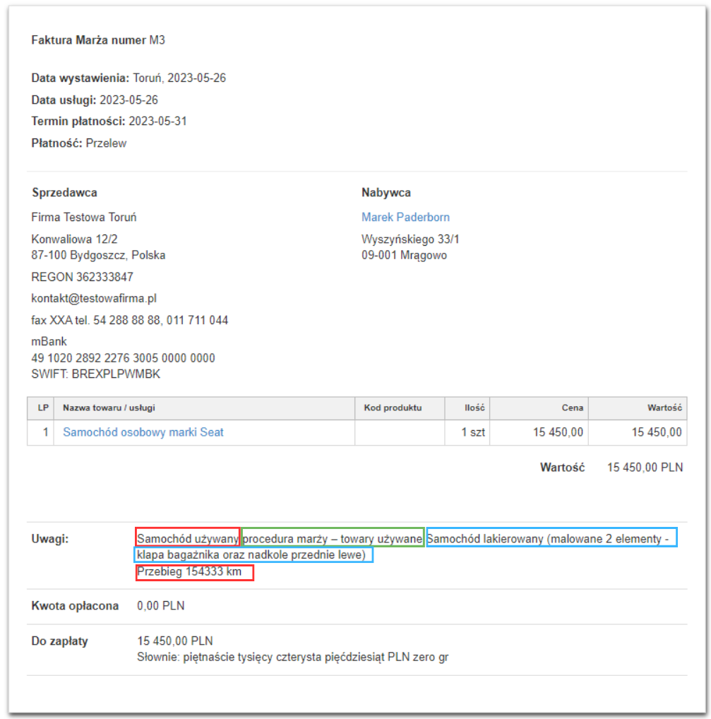 Faktura marża numer M3 za samochód używany marki Seat z uwagami o przebiegu 154333 km, malowanych elementach i procedurze marży.