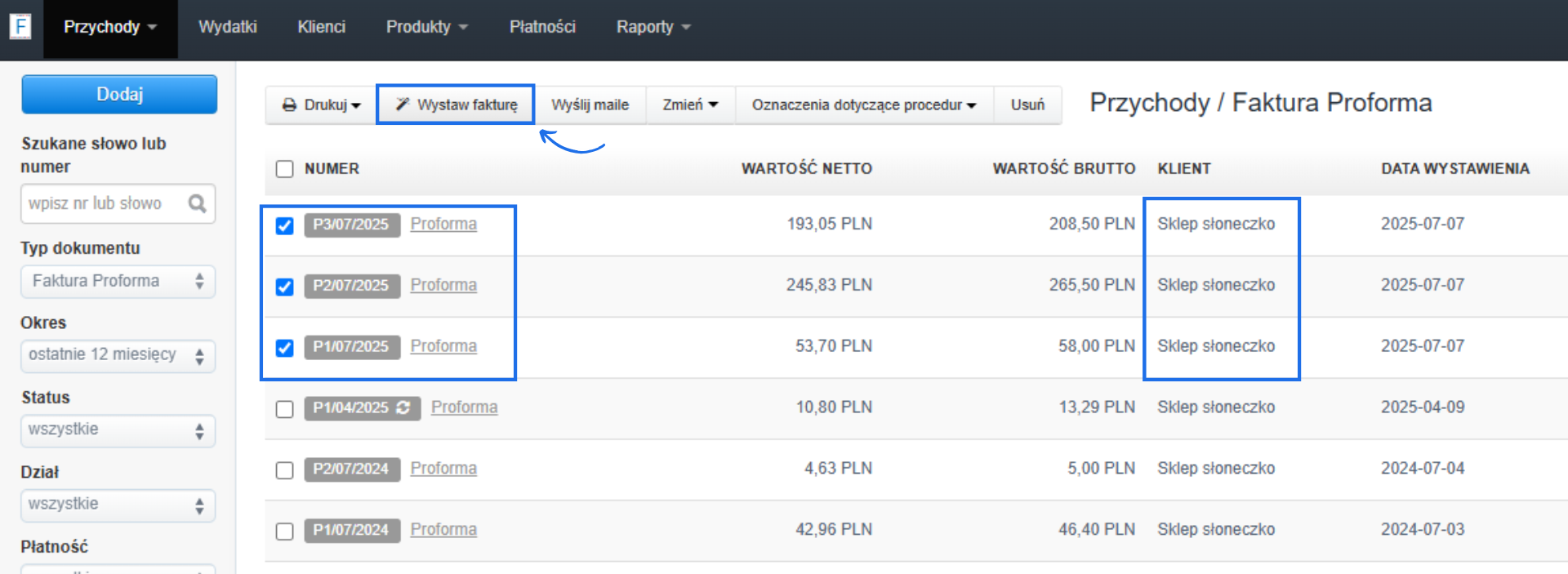 Panel wystawiania faktury proforma w systemie online z listą dokumentów i opcją Wystaw fakturę