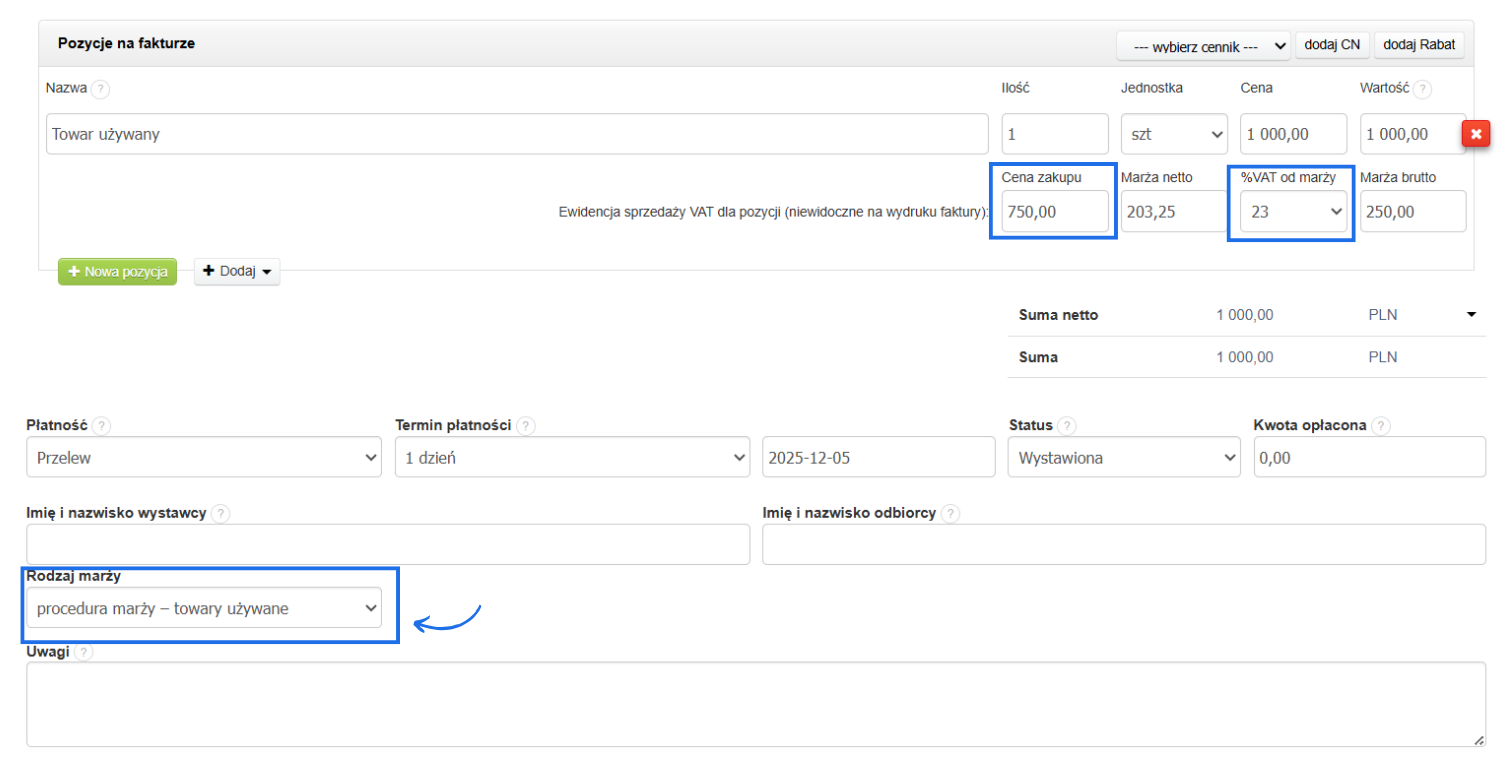 Formularz faktury VAT marża ze sprzedażą towaru używanego z cenami zakupu do ewidencji sprzedaży VAT i przypisanym rodzajem marży.