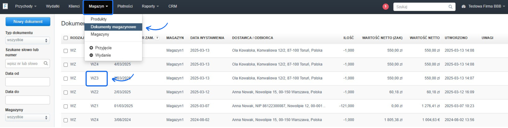 Lista dokumentów magazynowych w systemie księgowym, z podświetlonym dokumentem 'WZ3' i datą 4/03/2025. Rozwinięte menu 'Magazyn' z opcją 'Dokumenty magazynowe'.