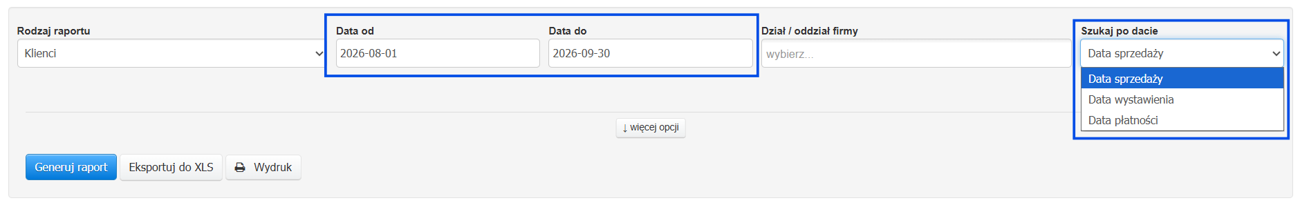 Podstawowe ustawienia raportu klienci z możliwością wyboru zakresu dat i kluczowej daty faktur.