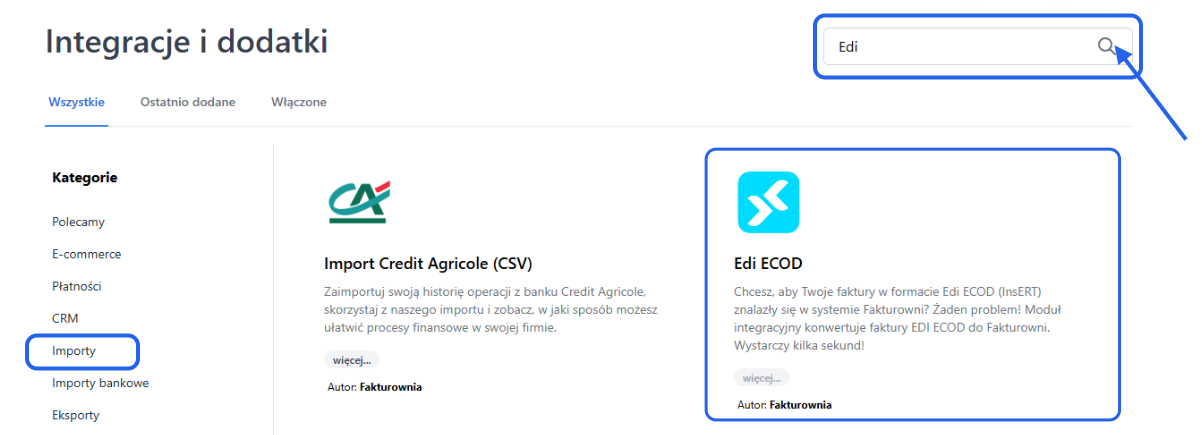 Strona ‘Integracje i dodatki’ w Fakturowni – wyszukiwanie integracji ‘Edi’ i podświetlona kategoria ‘Importy’