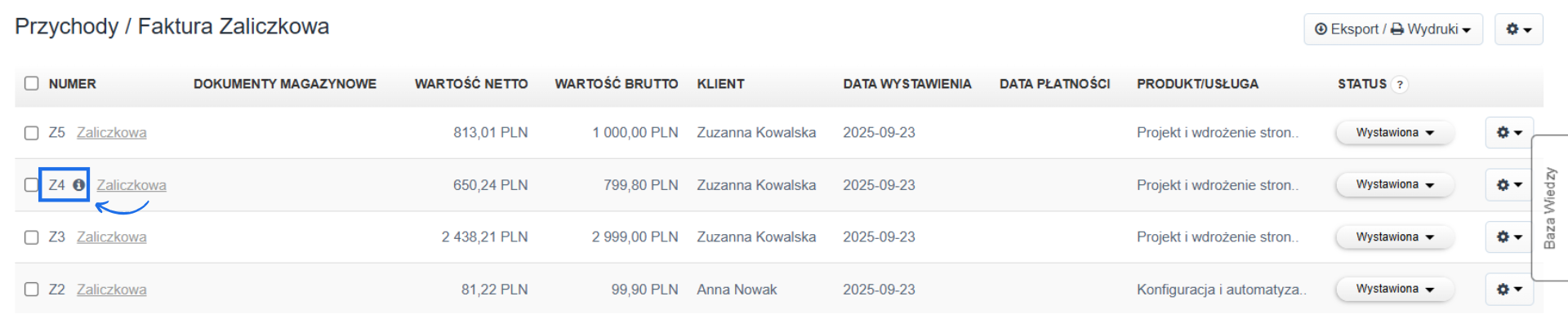 Lista faktur zaliczkowych w systemie do fakturowania z online z fakturą, do której należy wystawić fakturę korygującą po modyfikacji zamówienia.