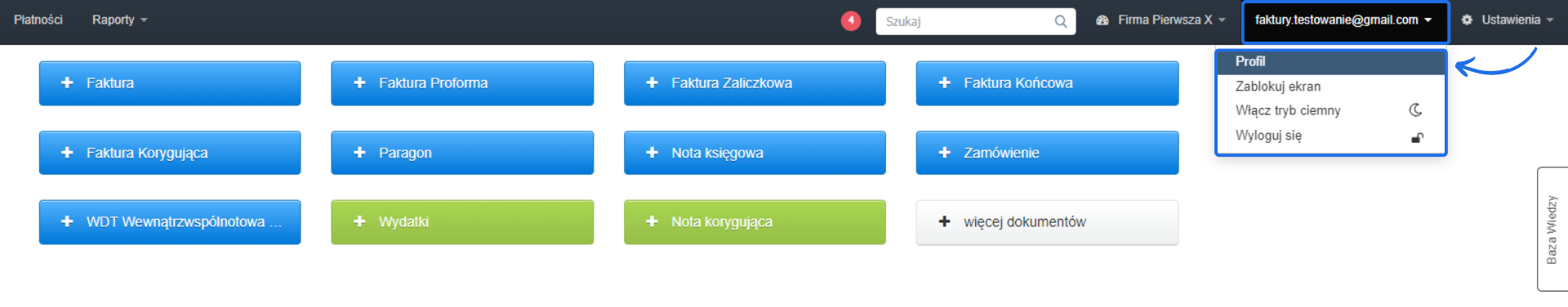 Konto w systemie Fakturownia z menu głównym wskazującym nazwę konta i zalogowany adres e-mail wraz z przyciskami do formularzy tworzenia dokumentów.