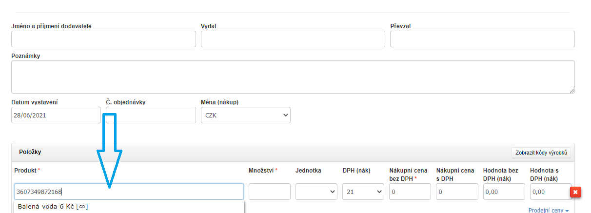 Jak zadavat kody produktu 5