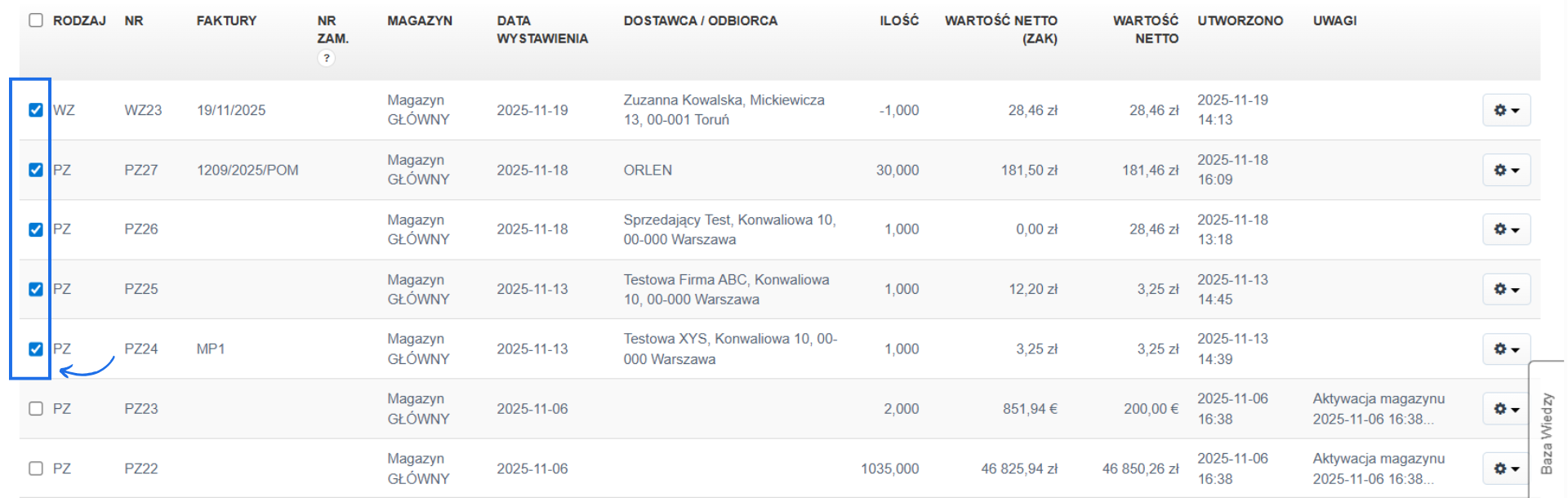 Lista dokumentów magazynowych wystawionych w systemie Fakturownia w tym WZ i PZ z zaznaczonymi wybranymi dokumentami. 