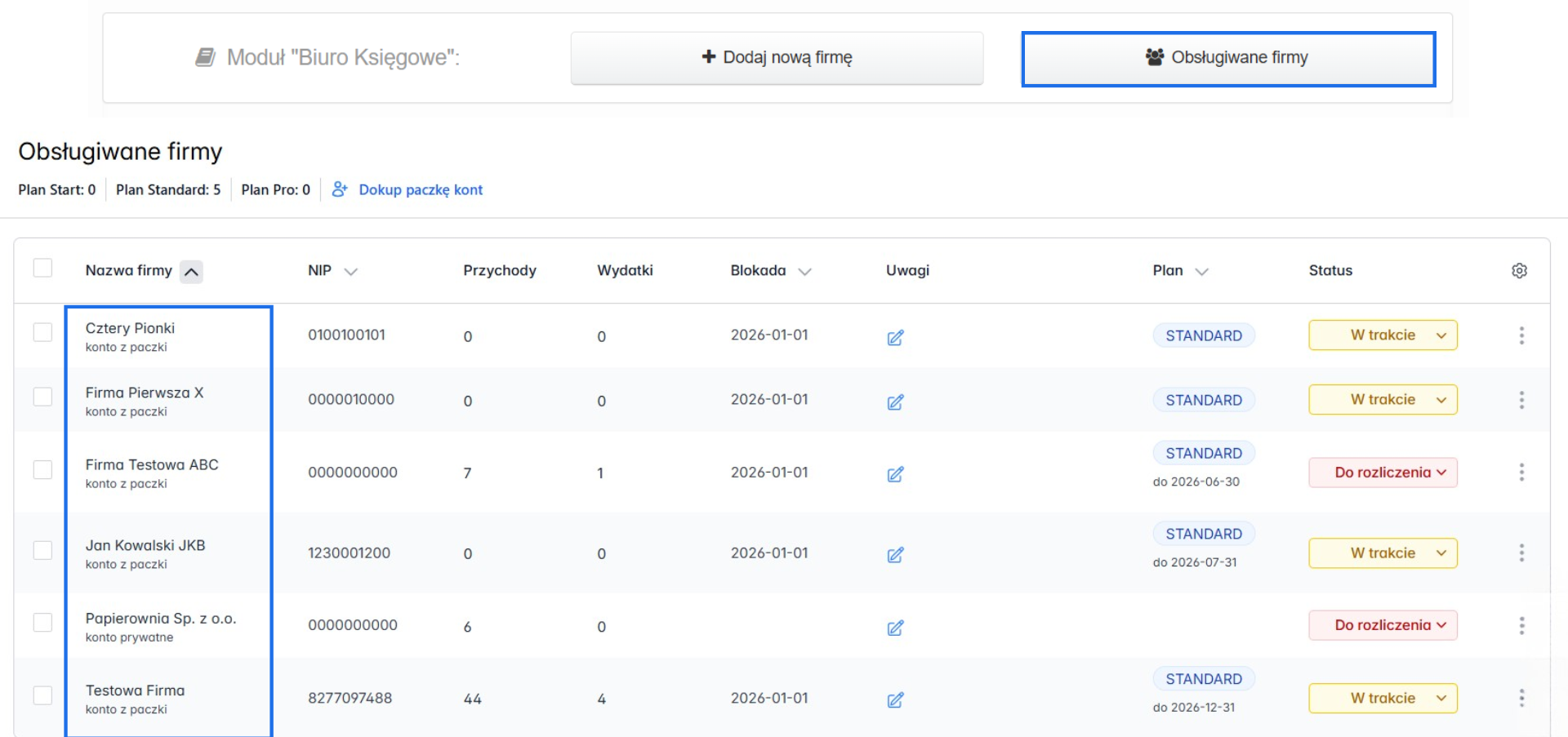 Lista obsługiwanych firm w ramach panelu biura.