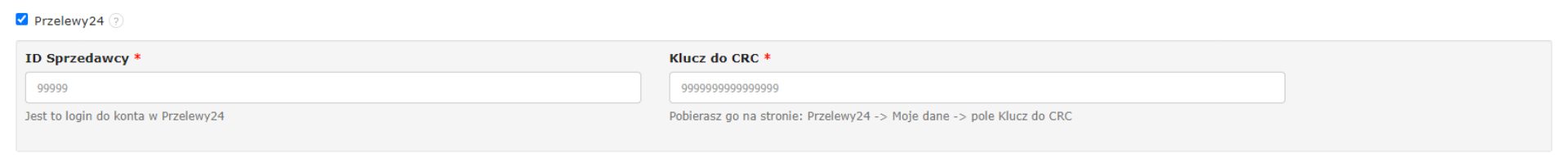 Ustawienia Przelewy24 z polami do wprowadzenia ID sprzedawcy oraz klucza CRC dla konfiguracji płatności online.