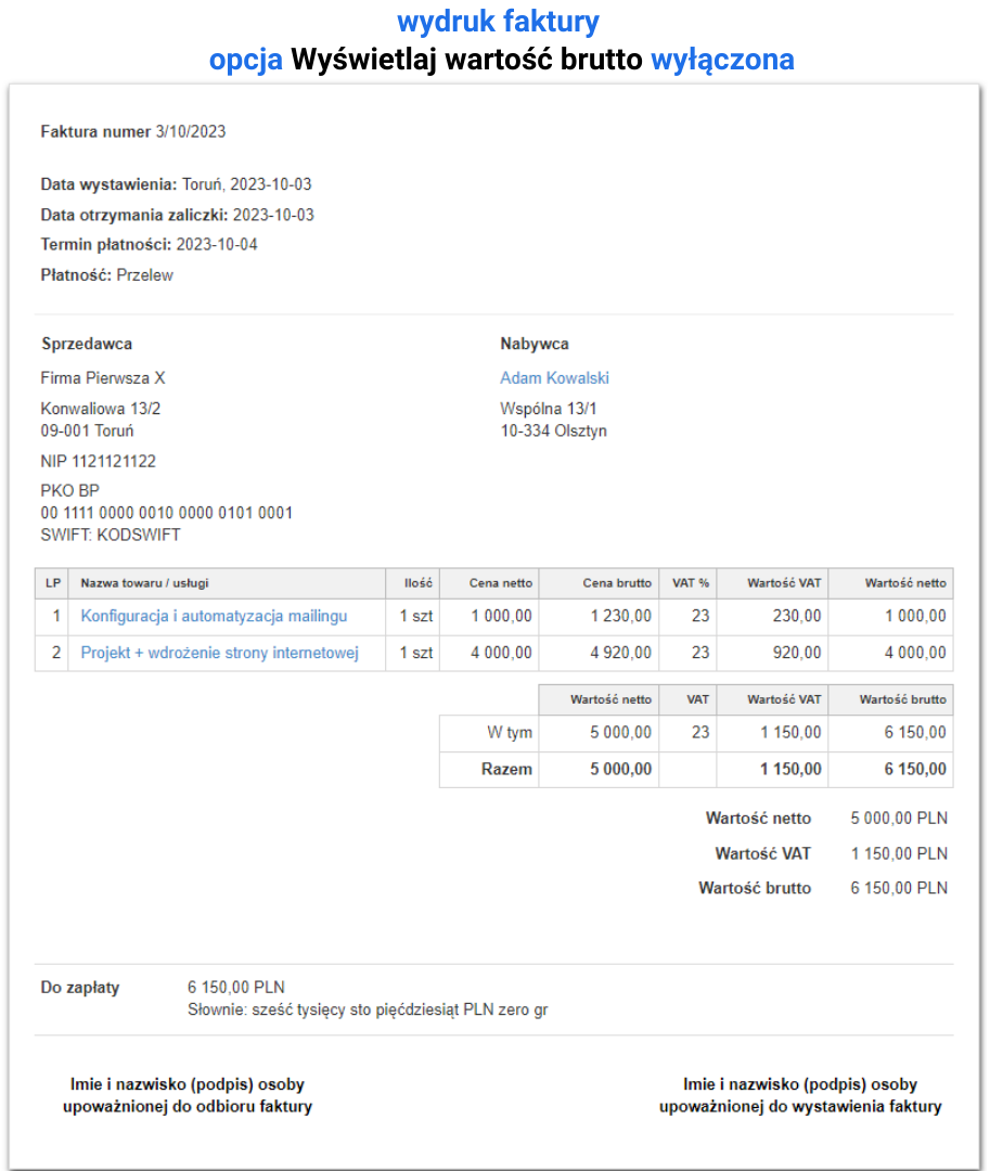 Przykładowa faktura sprzedażowa z wyłączoną funkcją wyświetlaj wartość brutto.