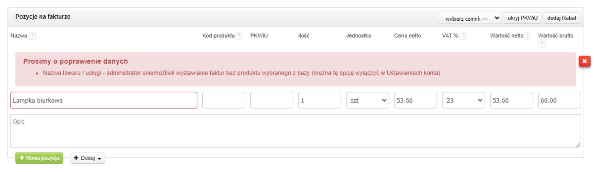 Alert o konieczności poprawienia danych produktu 'Lampka biurkowa' na fakturze w systemie online.