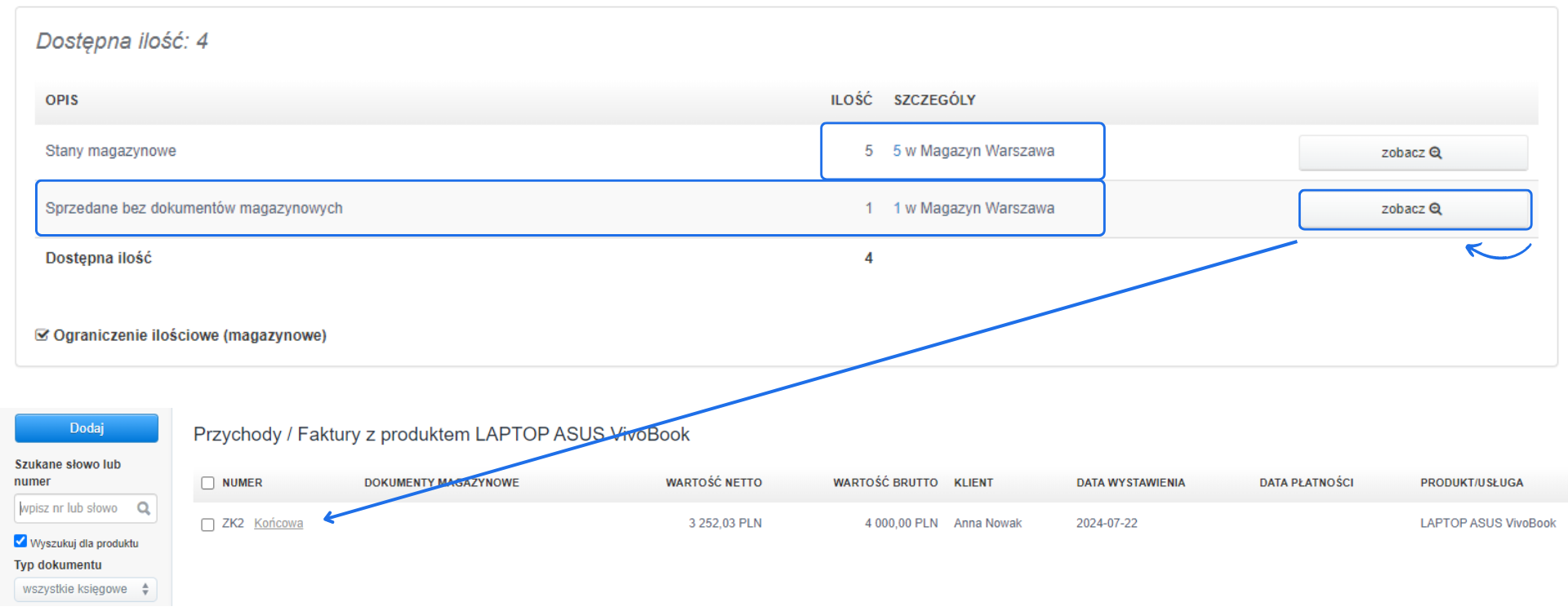 Podgląd stanów magazynowych i sprzedaży bez dokumentów magazynowych dla laptopa ASUS VivoBook, z powiązaną fakturą końcową.