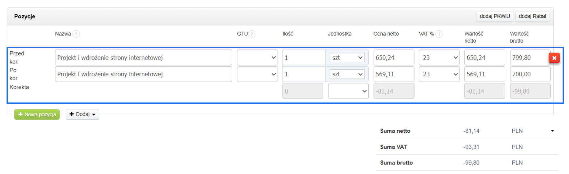 Wartości korygowanej faktury zaliczkowej wyliczone przez system na podstawie dokumentu zamówienie i modyfikacja zamówienia.