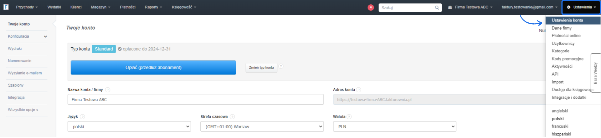 Panel ustawień konta z opcjami konfiguracji konta, wydruków, numerowania i wysyłania e-mailem. Wybrany typ konta to Standard, z możliwością przedłużenia abonamentu.