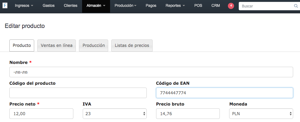 código EAN del producto