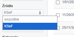 Menu wyboru źródła dokumentów z rozwijaną listą, na której zaznaczono filtr „KSeF” obok opcji „wszystkie”.