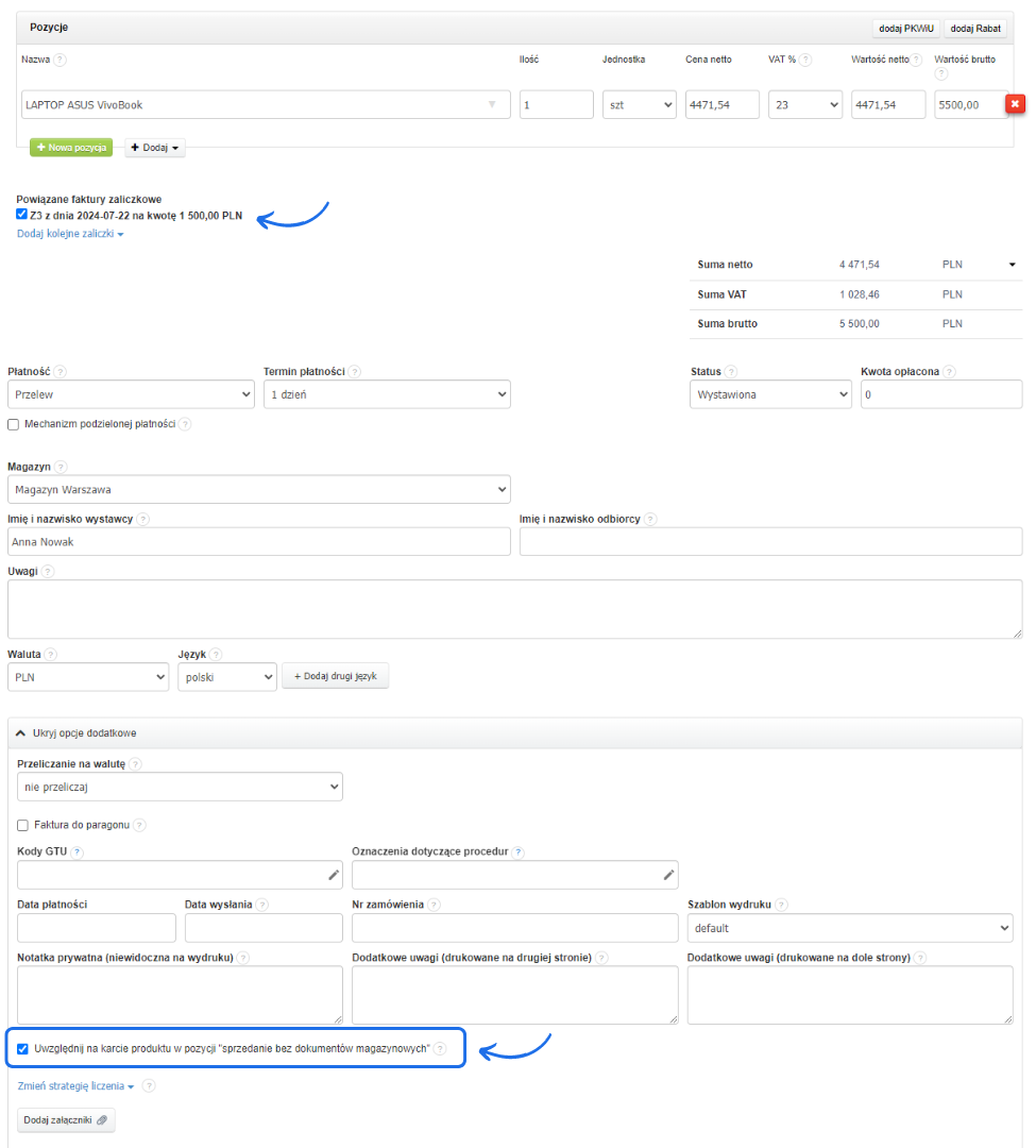 Formularz faktury pokazujący szczegóły sprzedaży laptopa ASUS VivoBook, powiązane faktury zaliczkowe oraz opcję uwzględnienia sprzedaży bez dokumentów magazynowych.