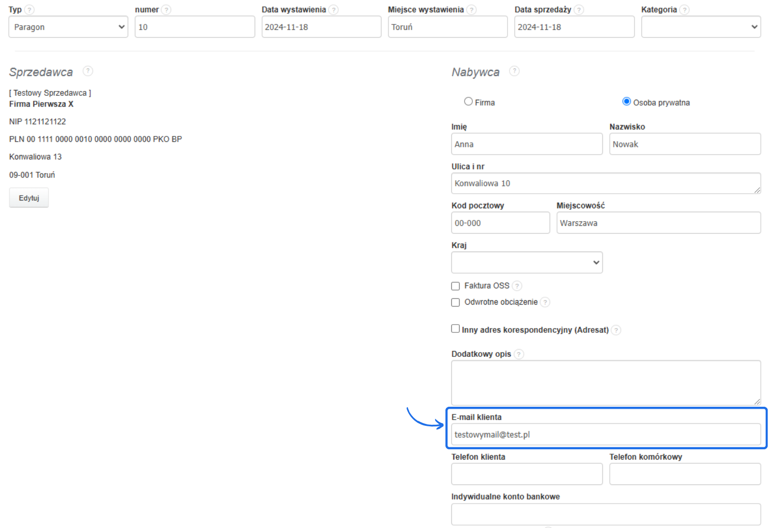 Formularz wystawiania paragonu z wypełnionymi danymi nabywcy, w tym adresem e-mail klienta, który jest istotny dla prawidłowego utworzenia e-paragonu.