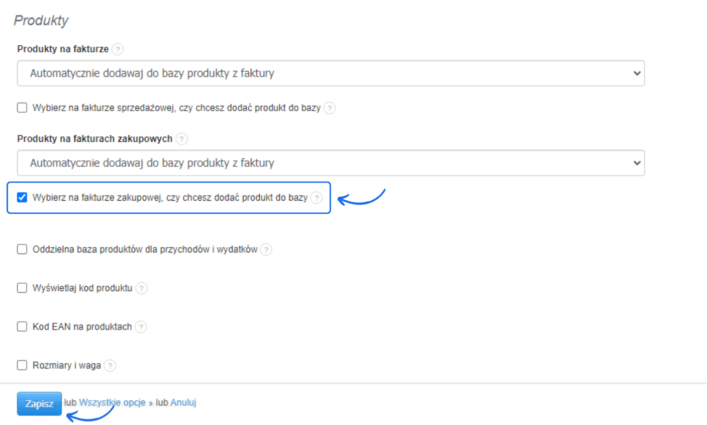 Konfiguracja produktów na fakturach zakupowych w Fakturownia.pl z opcją wyboru, dzięki której użytkownik może wybrać czy chce dodać produkt do bazy, czy nie.