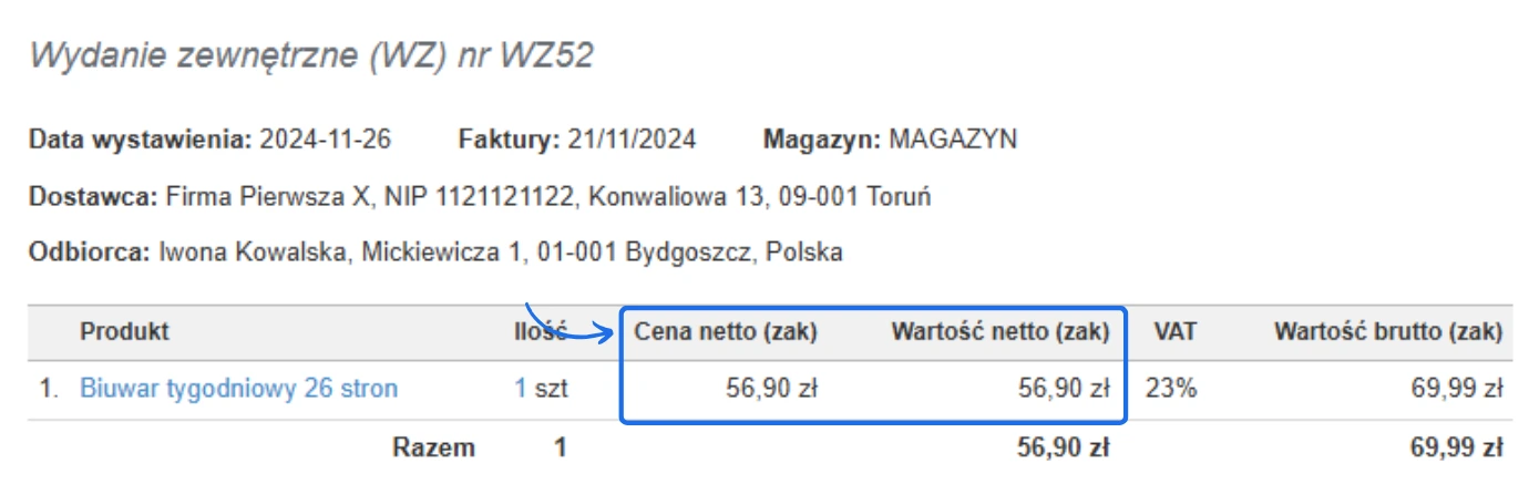 Dokument wydania zewnętrznego WZ52 z ceną zakupu netto 56,90 zł dla produktu Biuwar tygodniowego 26 stron, pokazujący wartość brutto 69,99 zł.