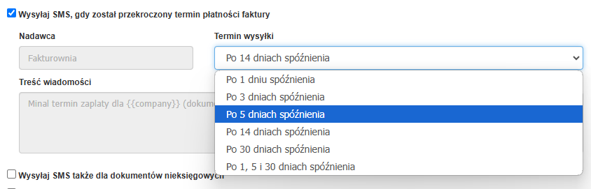 Opcje konfiguracji powiadomień SMS o przekroczeniu terminu płatności faktury. Użytkownik może wybrać termin wysyłki wiadomości, np. po 1, 3, 5, 14 lub 30 dniach spóźnienia
