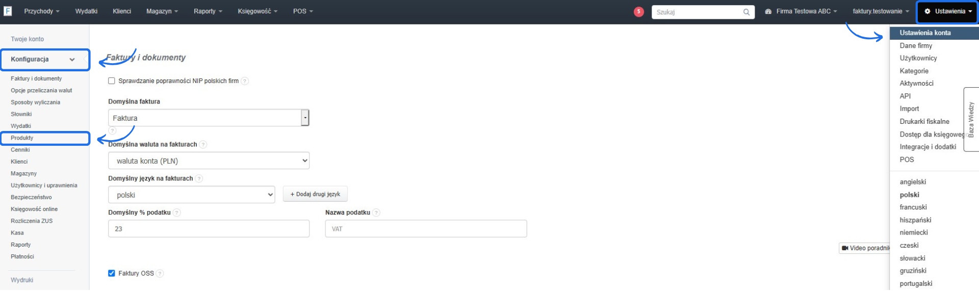 Widok ustawień konta w systemie Fakturownia z zaznaczoną sekcją Konfiguracja → Produkty, w tle opcje faktur i dokumentów.