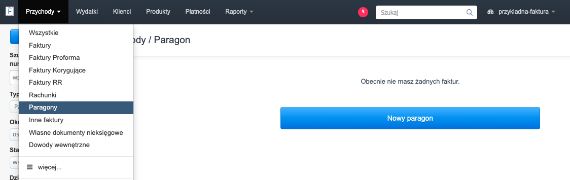 Menu Fakturownia z wybraną zakładką Paragony i przyciskiem Nowy paragon - instrukcja tworzenia paragonu.