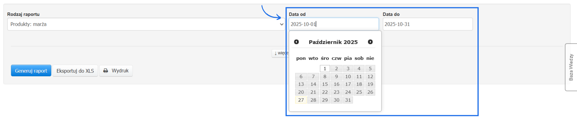 Parametry dostępne do ustalenia przy generowaniu raportu Produkty: marża w Fakturowni z możliwością wybrania zakresu dat za pomocą kalendarza.