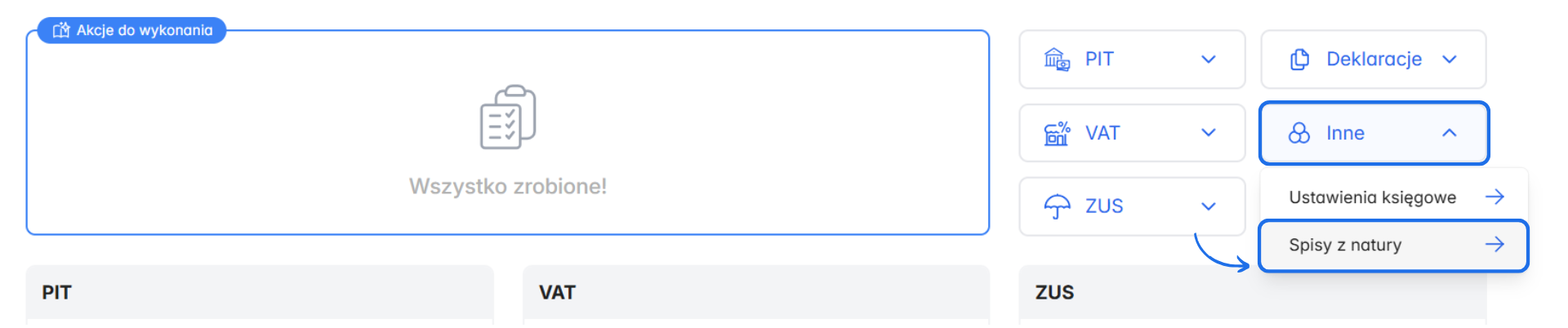 Kafelek Inne w module do samodzielnej księgowości z opcją wyboru dodania spisu z natury do PKPiR.