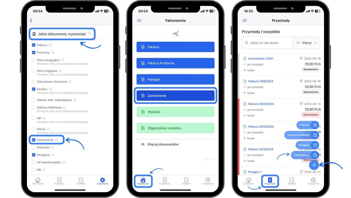 Zrzuty ekranu z aplikacji mobilnej Fakturowni pokazujące kroki aktywacji zamówienia w celu jego wystawienia.