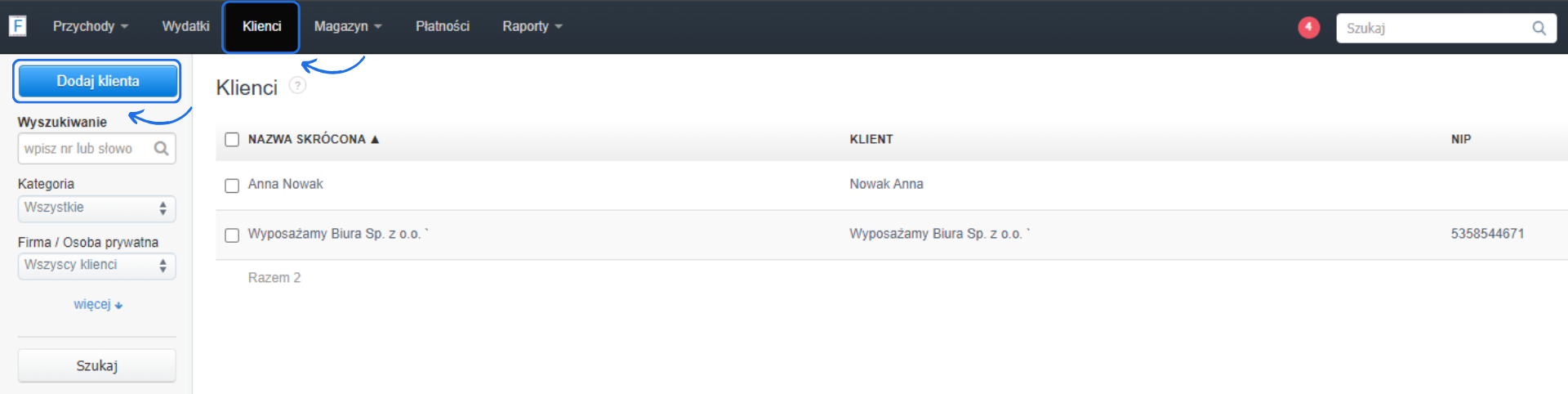 Lista klientów w systemie do fakturowania online z możliwością edycji danych klienta z listy lub utworzenia nowego za pomocą przycisku 'Dodaj klienta'.