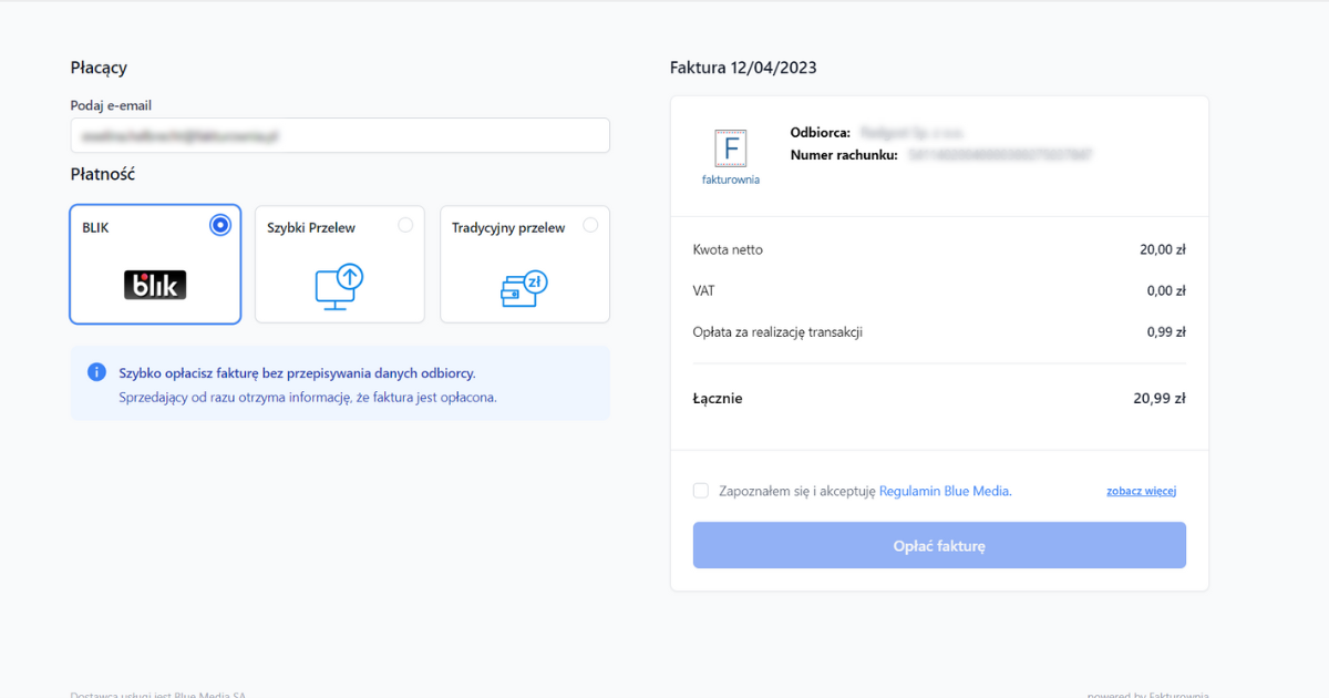 Ekran płatności online z wyborem metody BLIK, szybki przelew, tradycyjny przelew, szczegóły faktury i kwoty do zapłaty, oraz opcją opłacenia faktury.