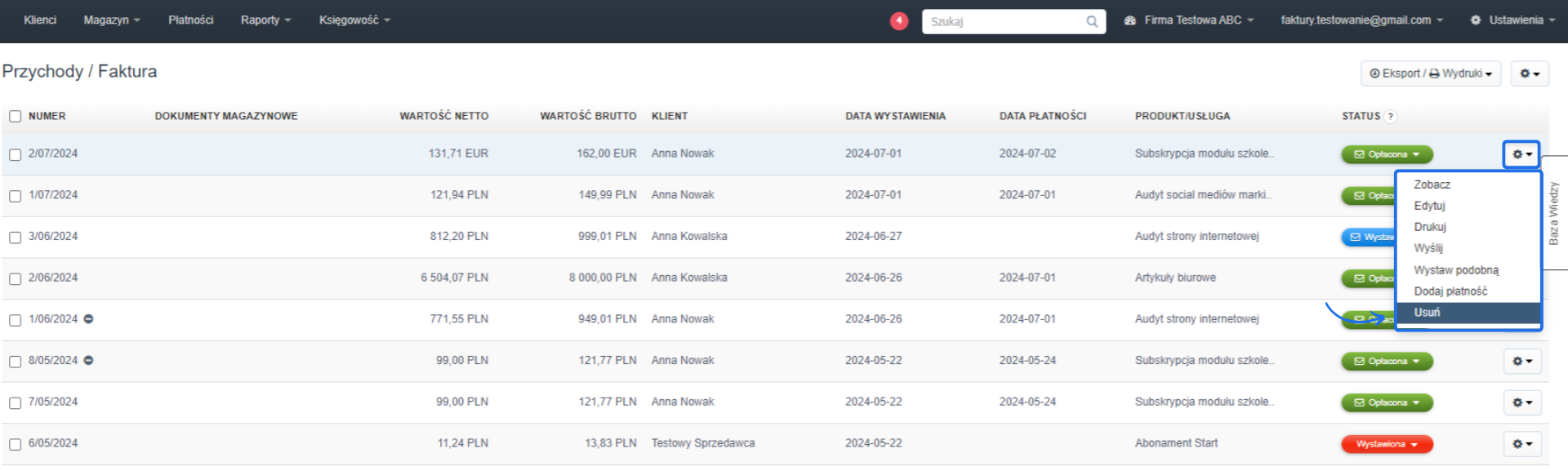 Lista faktur z opcją usunięcia faktury poprzez rozwijane menu akcji, z wyróżnioną fakturą numer 1/06/2024.