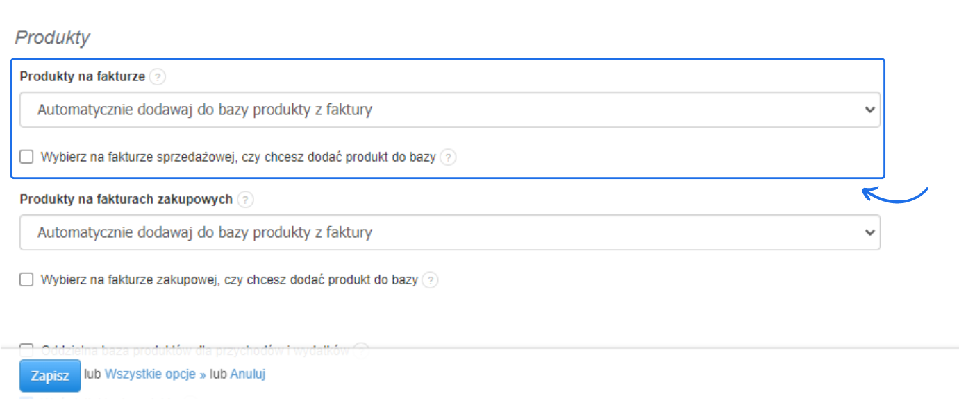 Ustawienia automatycznego dodawania produktów na fakturach sprzedażowych i zakupowych w systemie online.