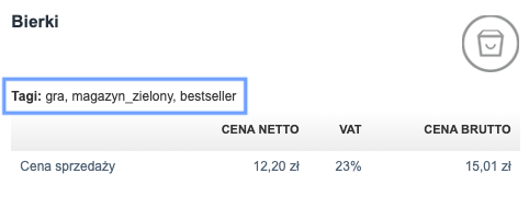 Podgląd produktu Bierki z tagami: gra, magazyn_zielony, bestseller oraz ceną brutto 15,01 zł i VAT 23%.