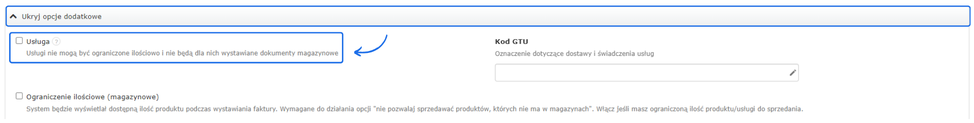 Ustawienie produktu jako usługi bez ograniczeń ilościowych i bez dokumentów magazynowych w systemie fakturowym.
