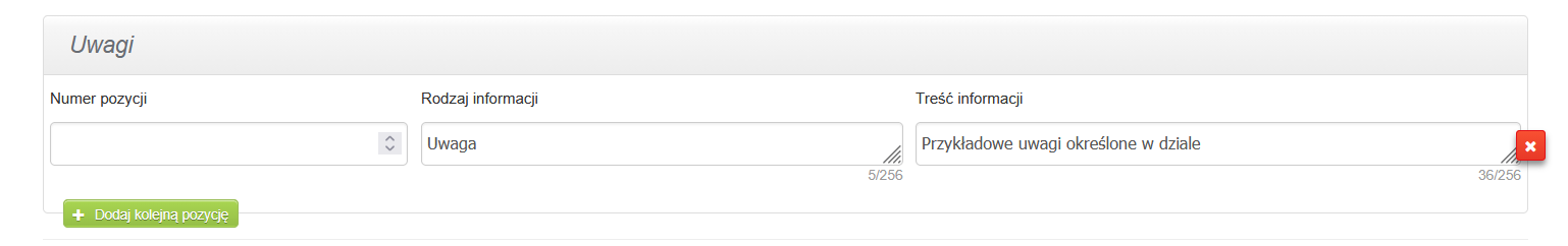 Sekcja uwag dostępna na formularzu tworzenia faktury z polami: numer pozycji, rodzaj informacji i treść informacji.