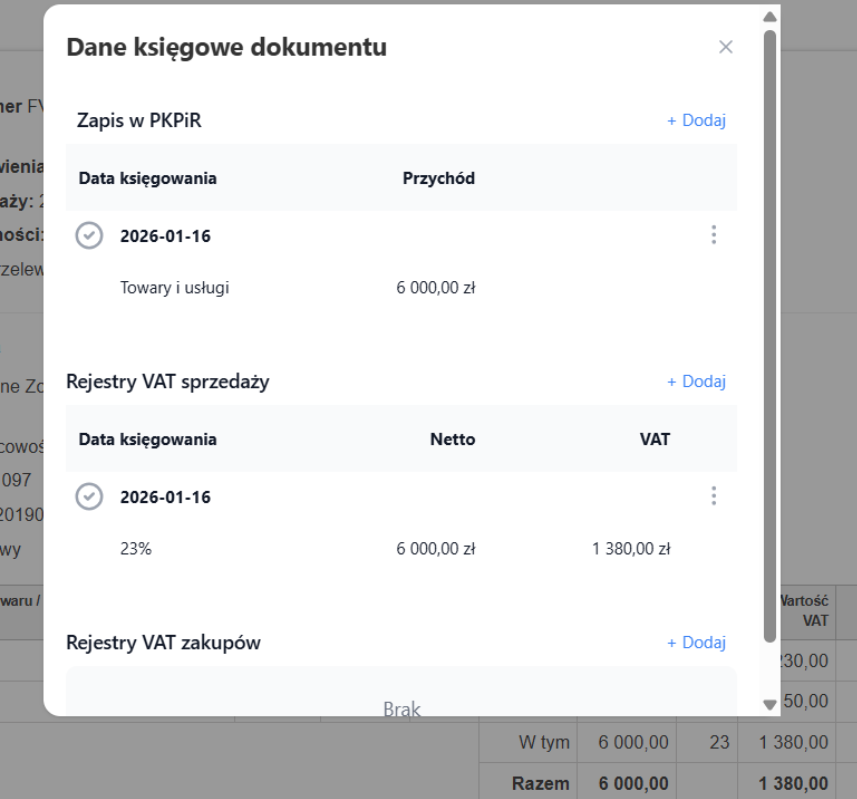 Szczegółowe dane księgowe faktury z ujęciem dat księgowania, wartości przychodu i VAT-u.