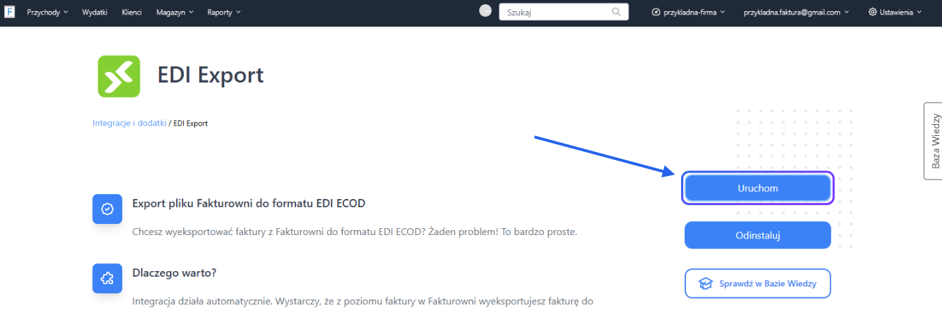 Strona integracji ‘EDI Export’ w Fakturowni. Widoczny przycisk ‘Uruchom’ do aktywacji modułu oraz opcja ‘Odinstaluj’ poniżej.