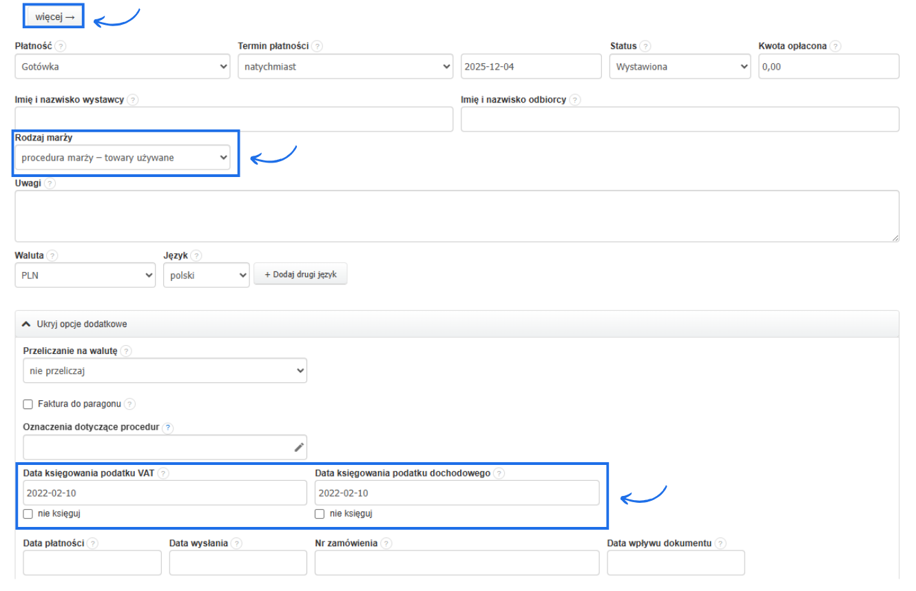 Formularz tworzenia faktury zakupowej VAT marża z dodatkowymi opcjami w tym polem dla rodzaju marży i z datami księgowania podatku VAT i dochodowego.